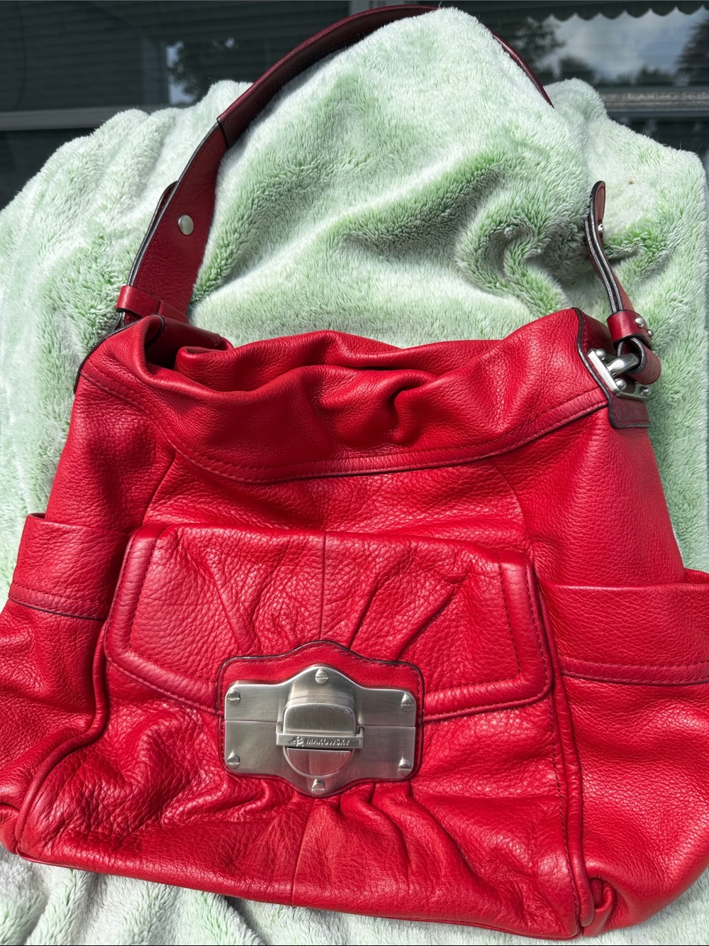b. makowsky Bright Red Leather Shoulder Bag with Silver Hardware